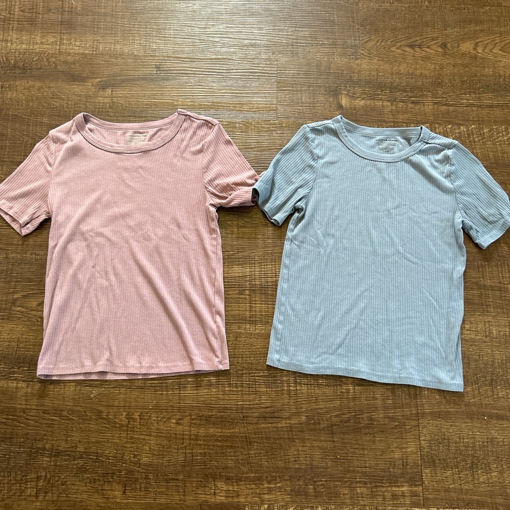 Lucky Brand Women’s Ribbed Tees - Pink and Light Gray